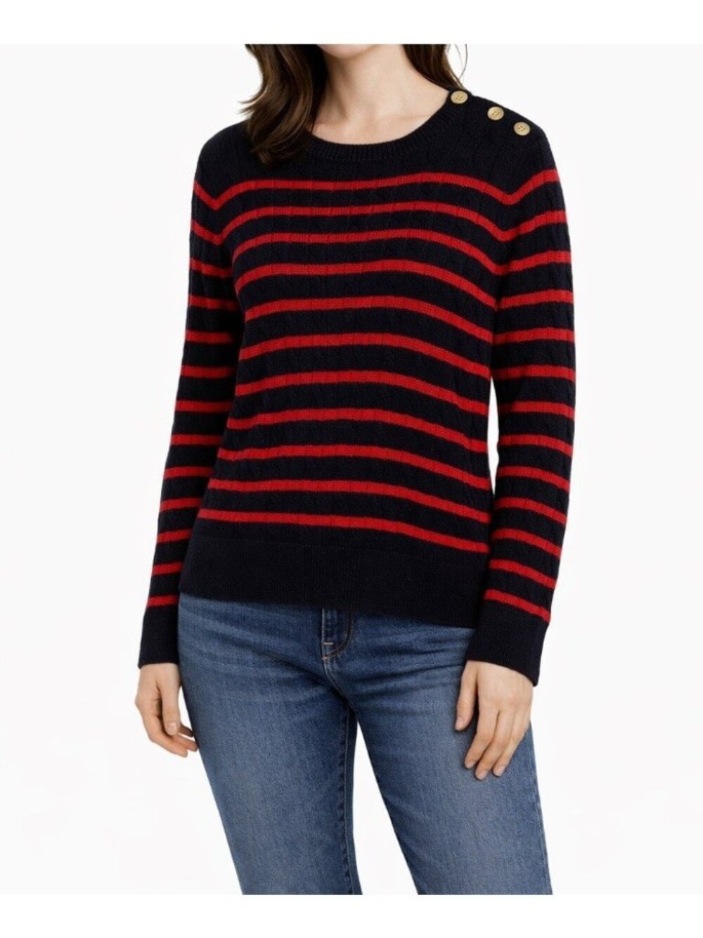 Womens Sweater Lauren Ralph Lauren Cable Knit Petite L  Striped Preppy